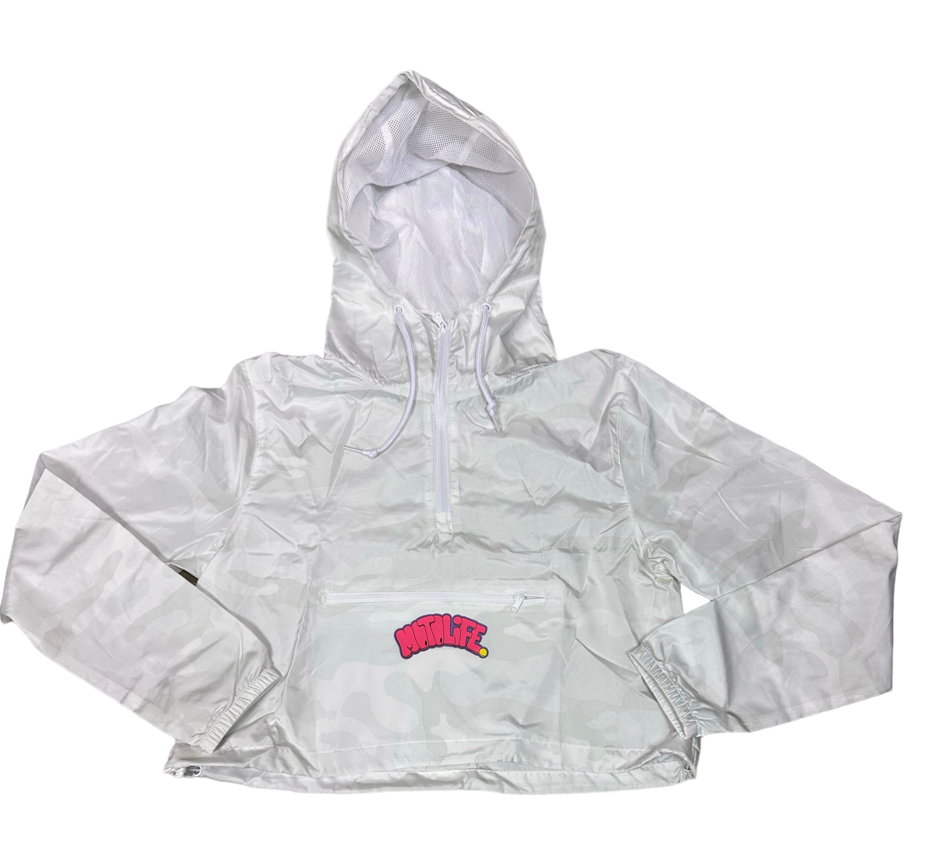 White Camo Crop Windbreaker Pink Doodle logo